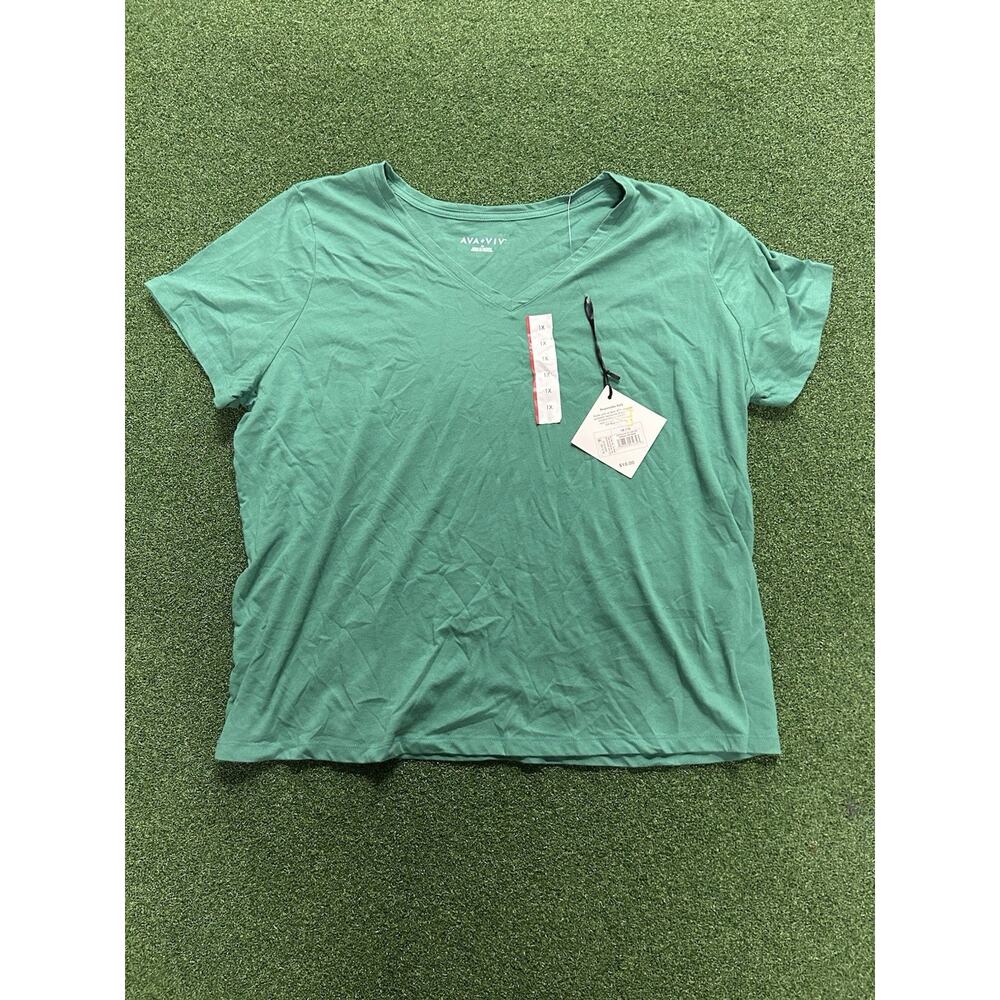 Ava & Viv Shirt Women's Plus Size 1X 18 Green Short Sleeve V-Neck T-Shirt